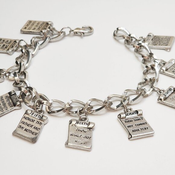 Vintage Chunky 10 Commandments Silver Tone Bracelet Christian Religious 8" - Picture 1 of 7